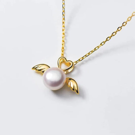 Elegant Natural Pearl Silver Wing Love Hearts Pendant