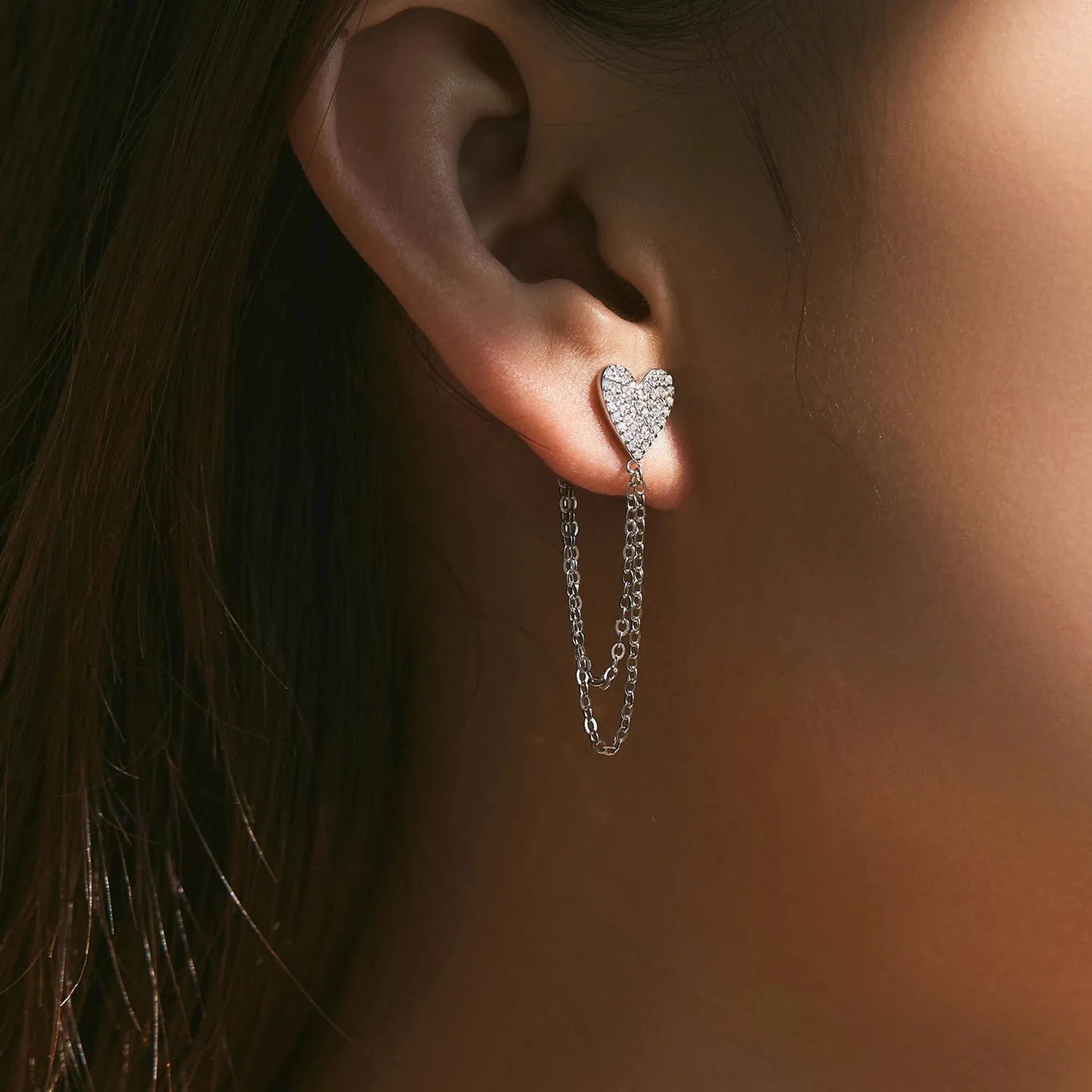 Sterling Silver Sparkling CZ Hearts Long Tassel Chain Earrings