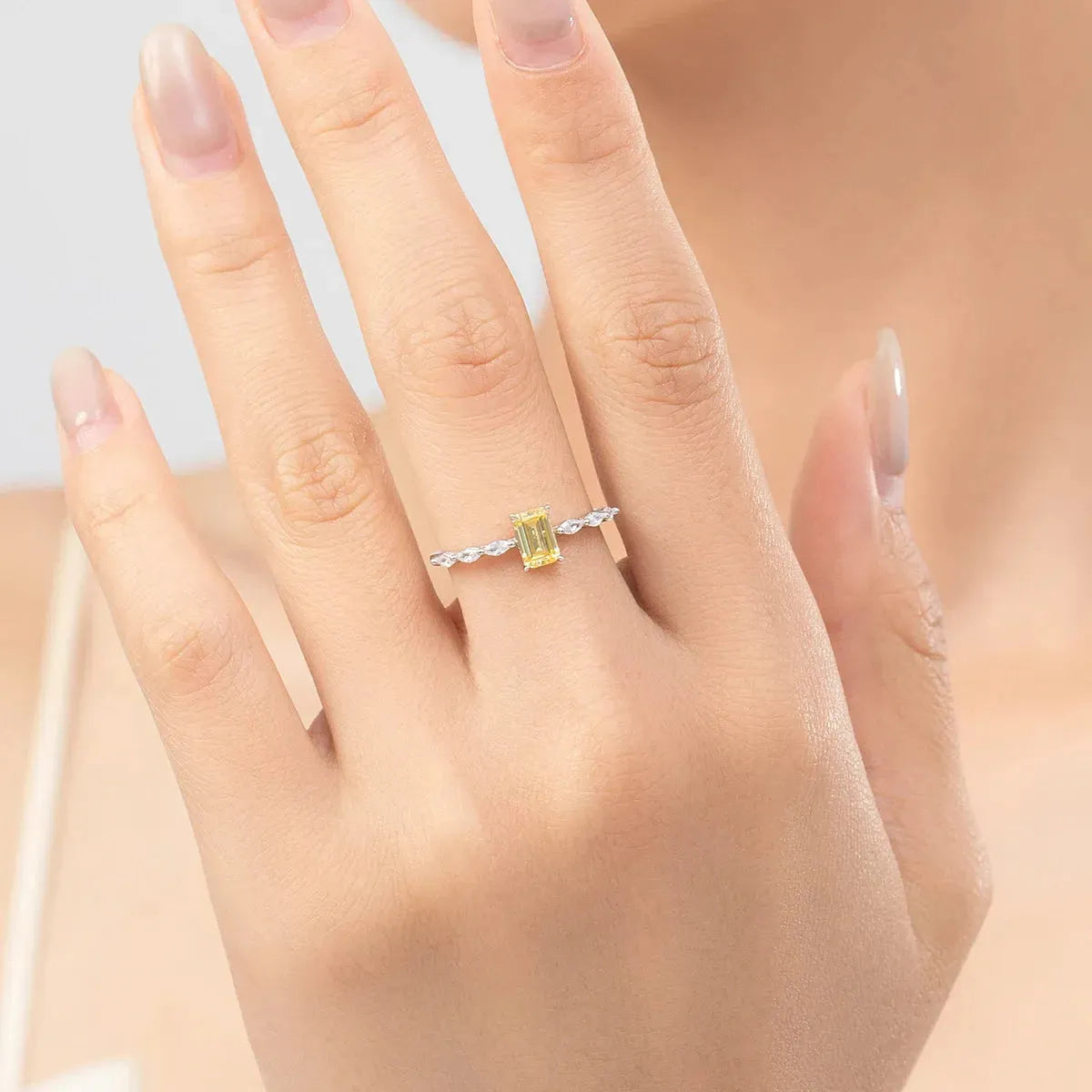 Real 925 Sterling Silver Exquisite Sparkling Emerald Cut Pink Yellow Ring