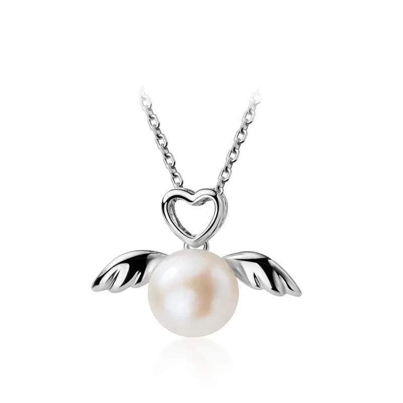 Elegant Natural Pearl Silver Wing Love Hearts Pendant