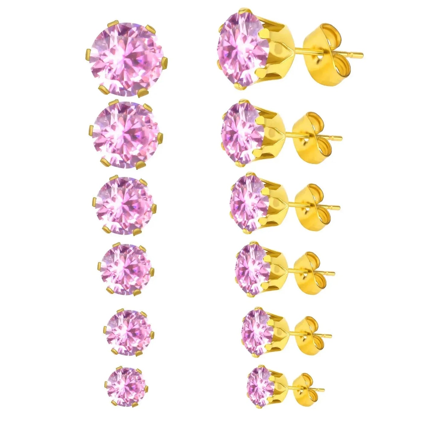 6Pairs/Set CZ Stud Earrings Stainless Steel Round