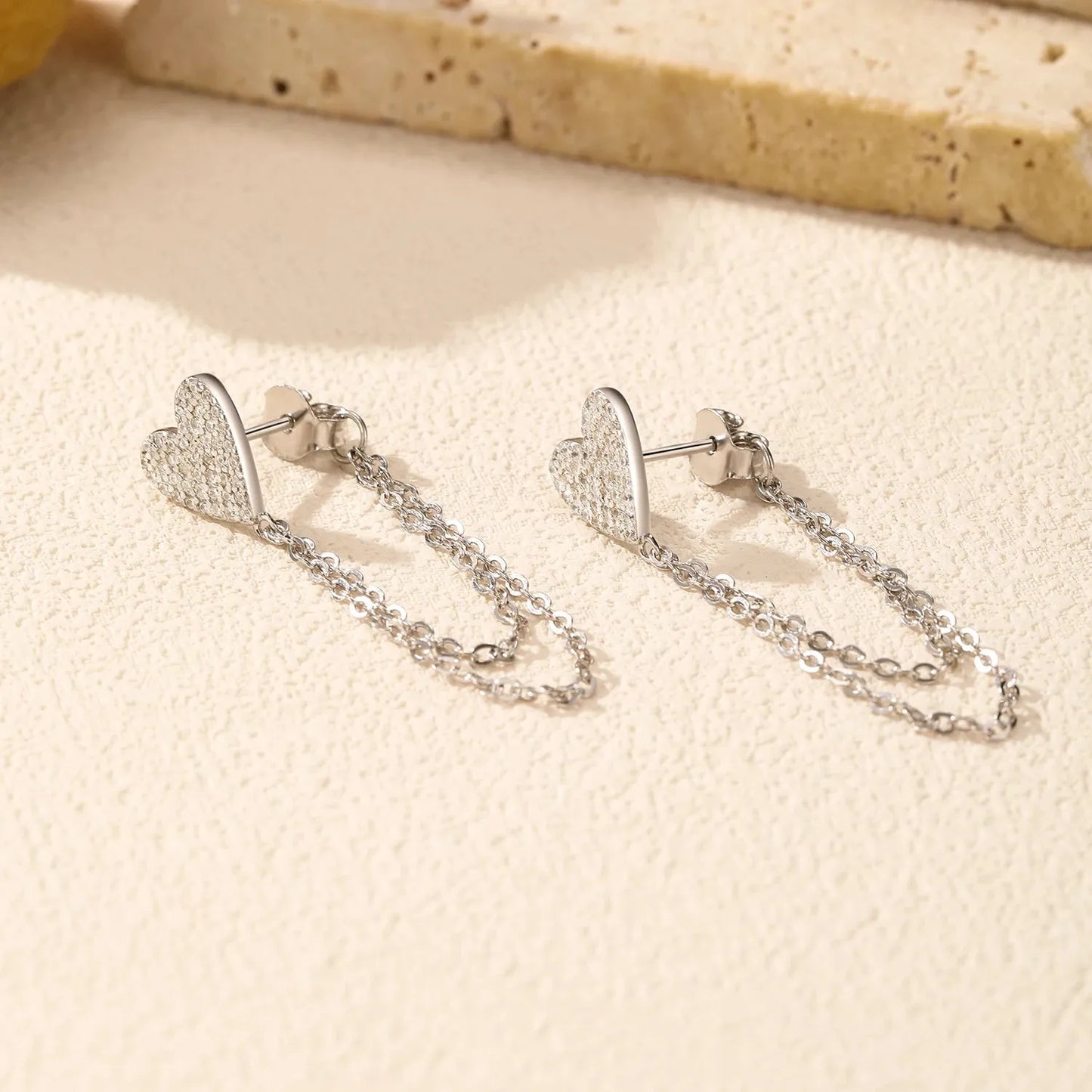 Sterling Silver Sparkling CZ Hearts Long Tassel Chain Earrings