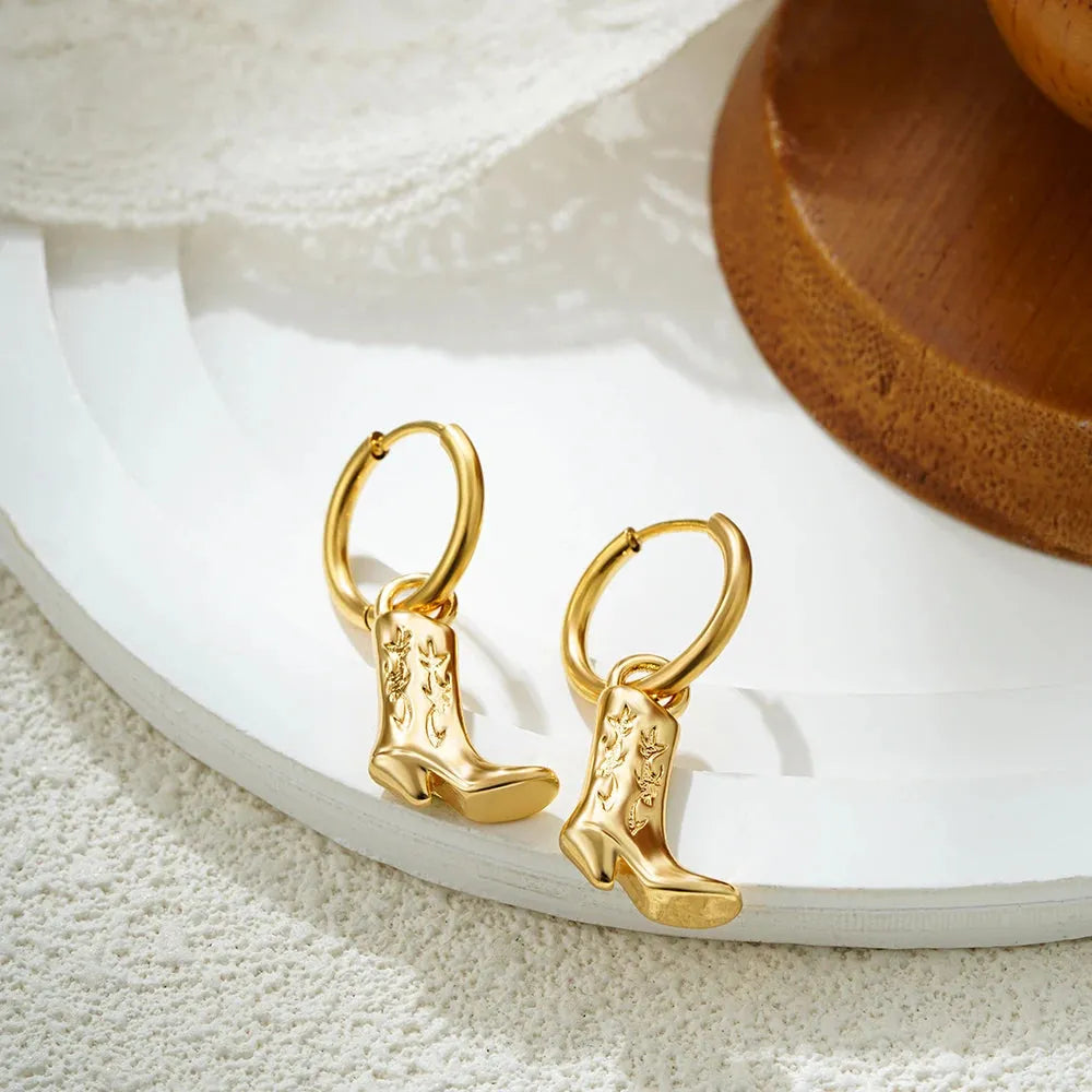 Vintage Stainless Steel Cowboy Boot Pendant Shoe Shape Dangle Earrings