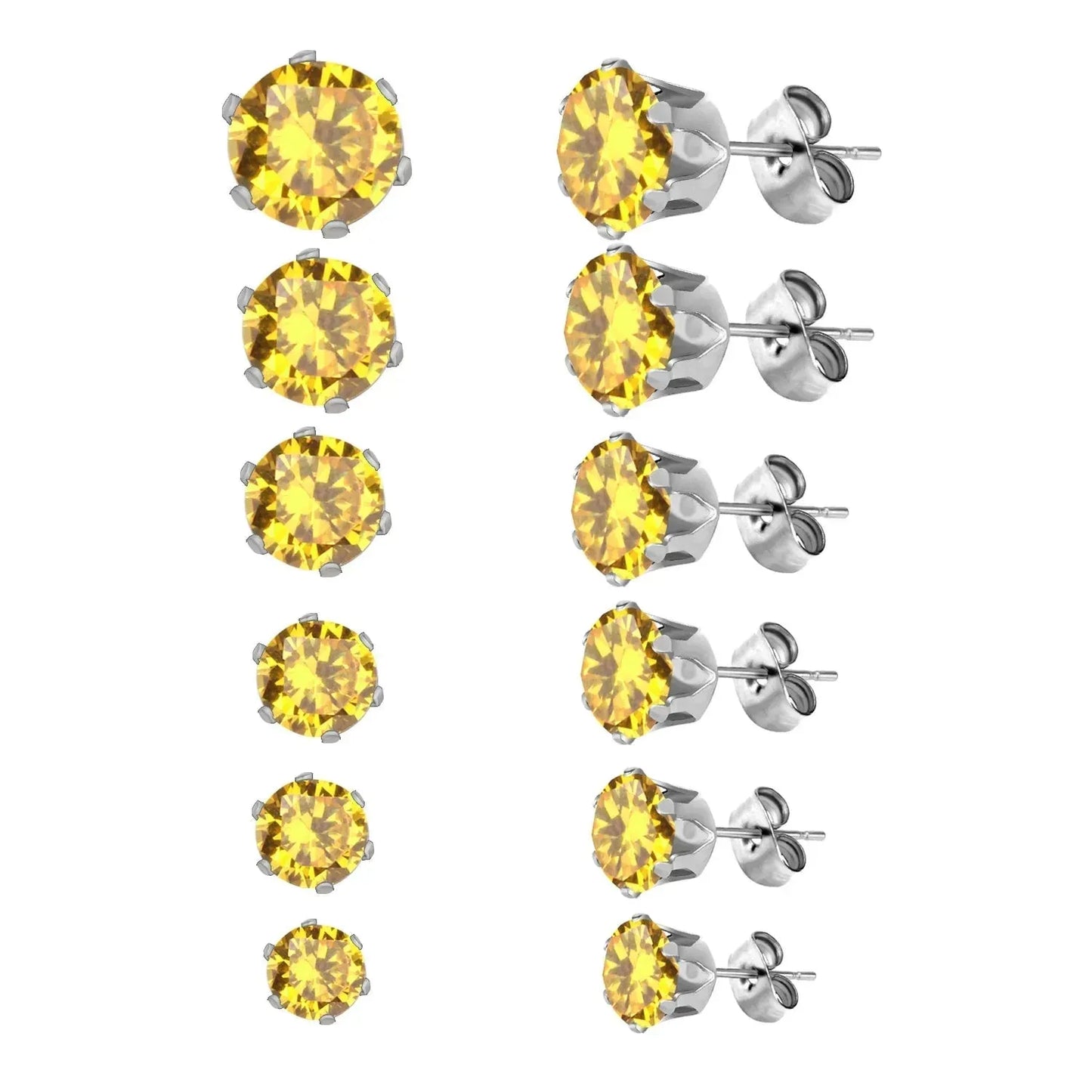 6Pairs/Set CZ Stud Earrings Stainless Steel Round