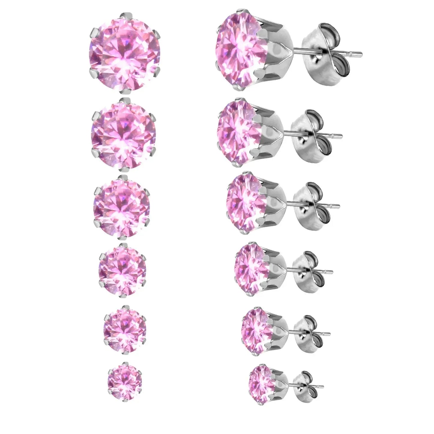 6Pairs/Set CZ Stud Earrings Stainless Steel Round