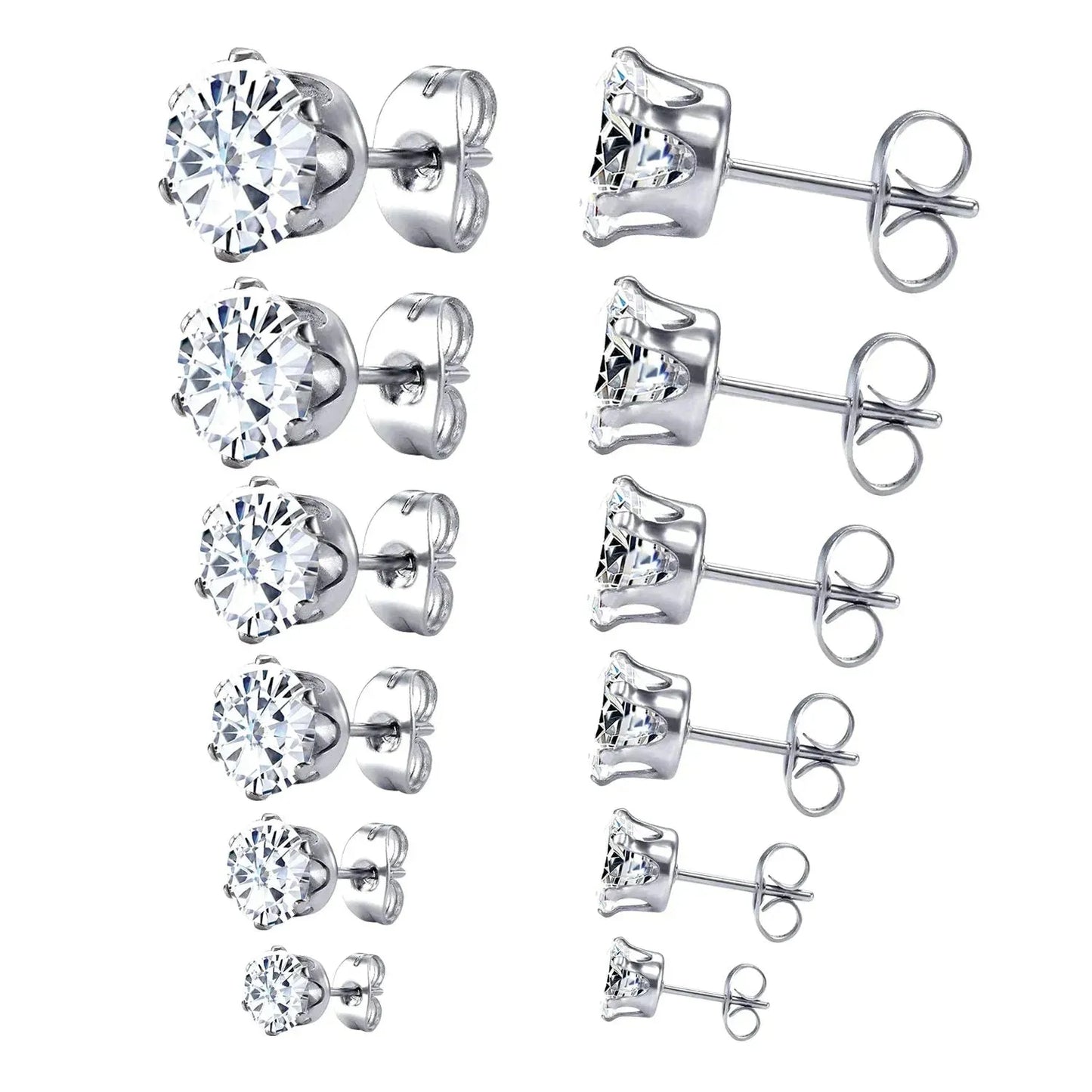 6Pairs/Set CZ Stud Earrings Stainless Steel Round