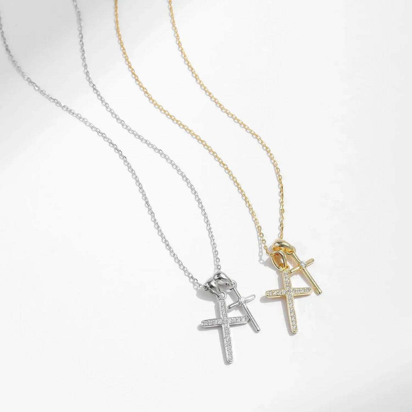 Double Cross Zircon Link Chain Pendant Necklace