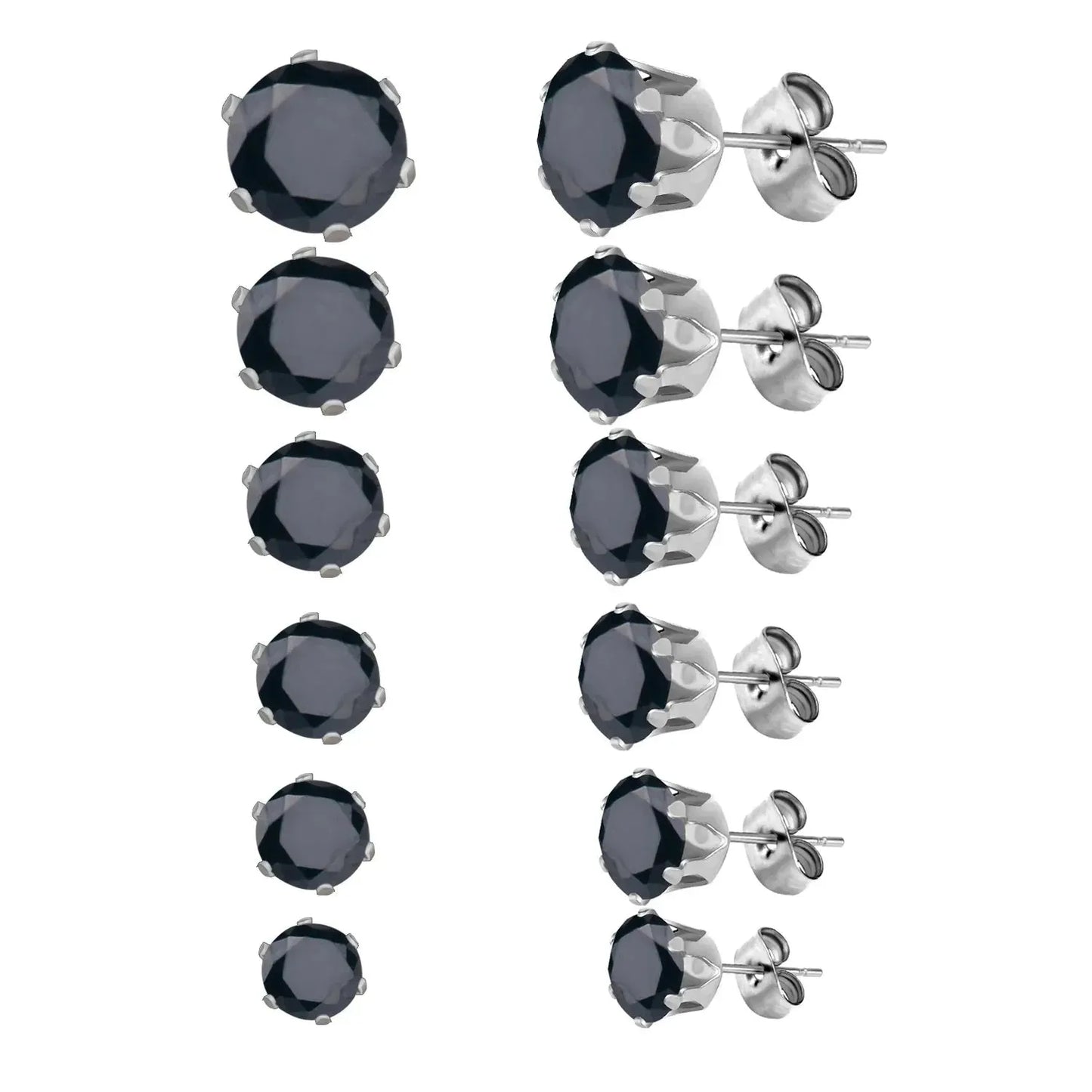 6Pairs/Set CZ Stud Earrings Stainless Steel Round