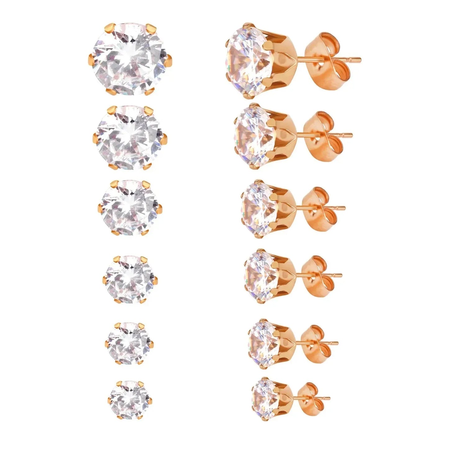 6Pairs/Set CZ Stud Earrings Stainless Steel Round