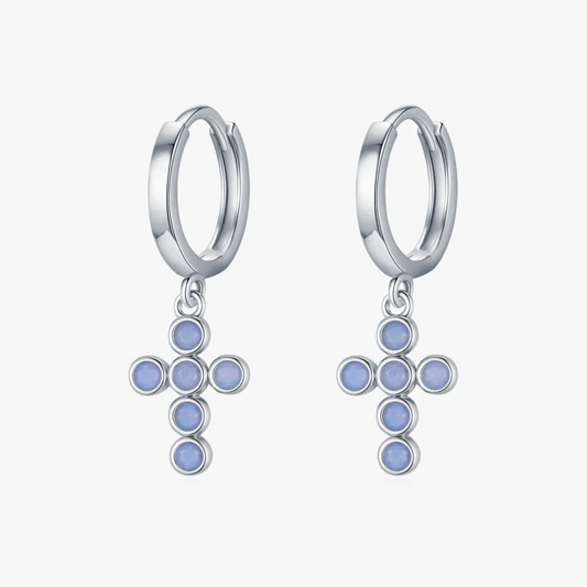 925 Sterling Silver Cross Blue Opal Trendy Drop Earrings