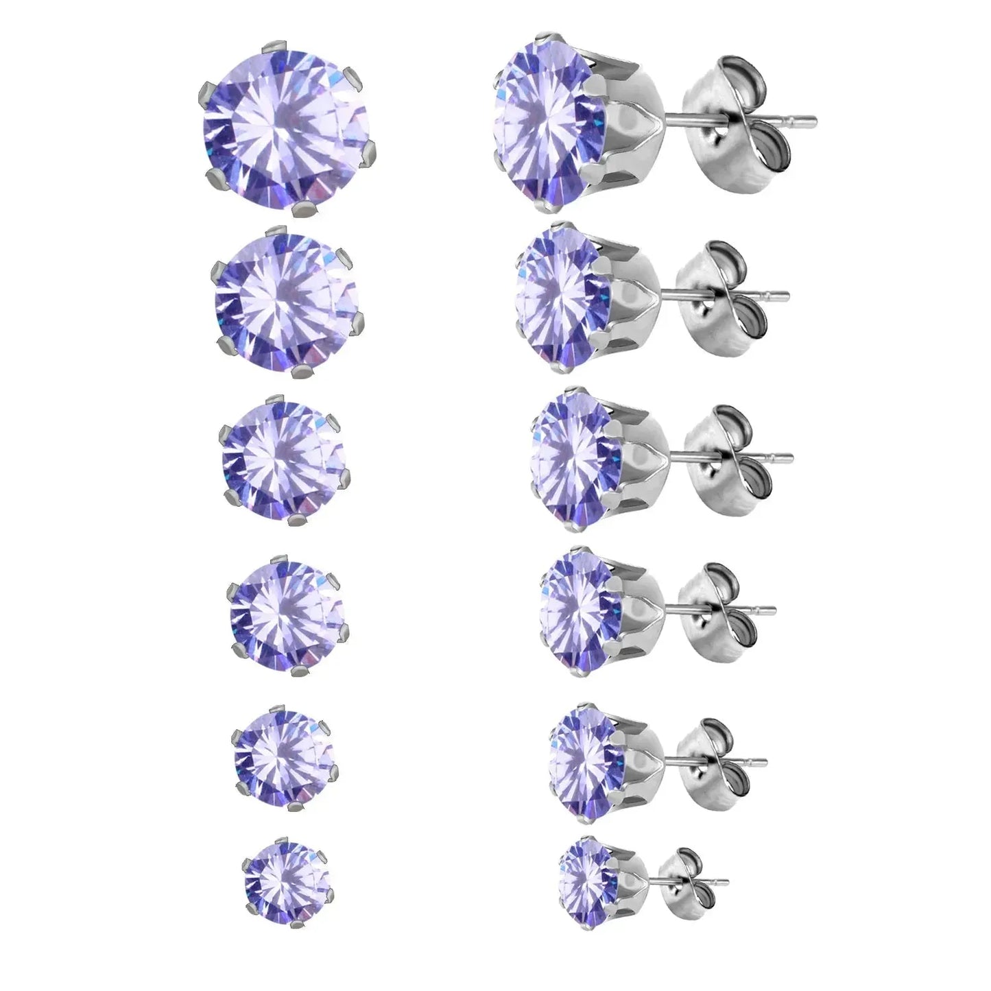 6Pairs/Set CZ Stud Earrings Stainless Steel Round
