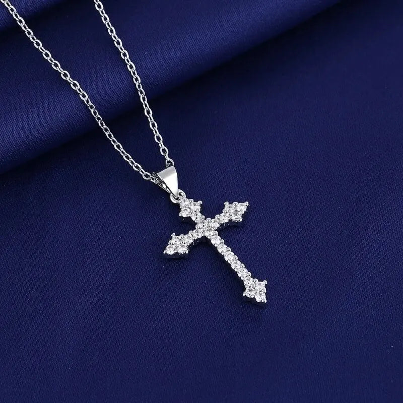 White Gold Color Cross Pendant Necklace with Rhinestones