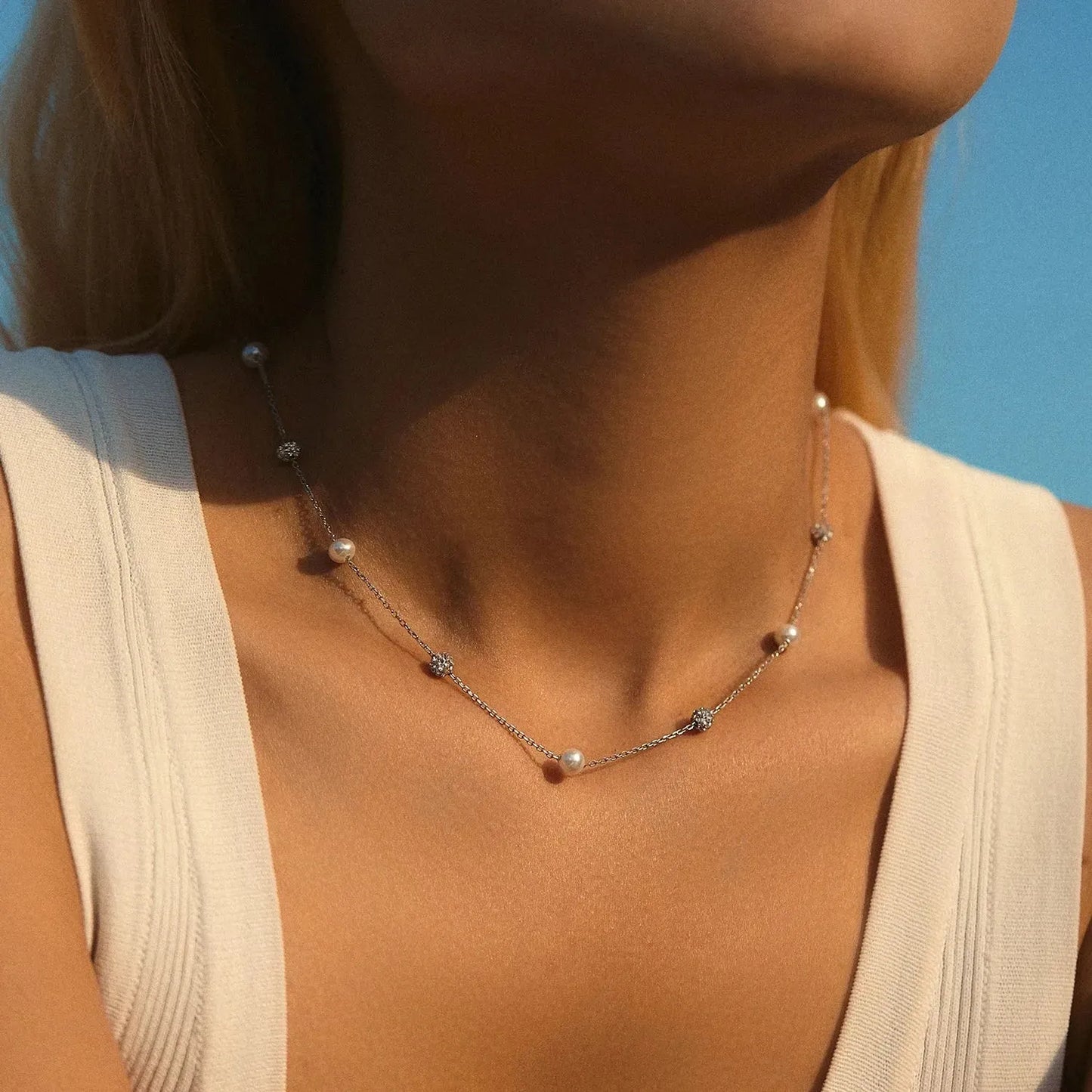 Zircon Beads & Pearl Chain Necklace