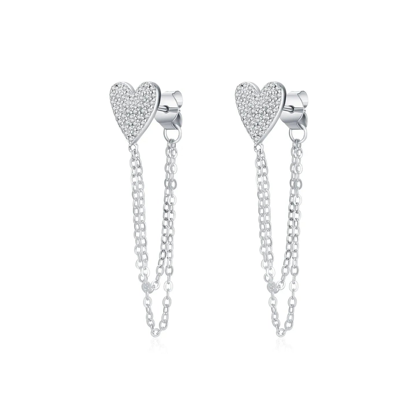 Sterling Silver Sparkling CZ Hearts Long Tassel Chain Earrings