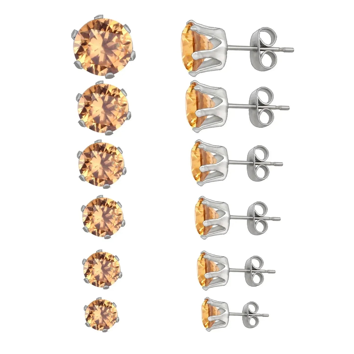 6Pairs/Set CZ Stud Earrings Stainless Steel Round