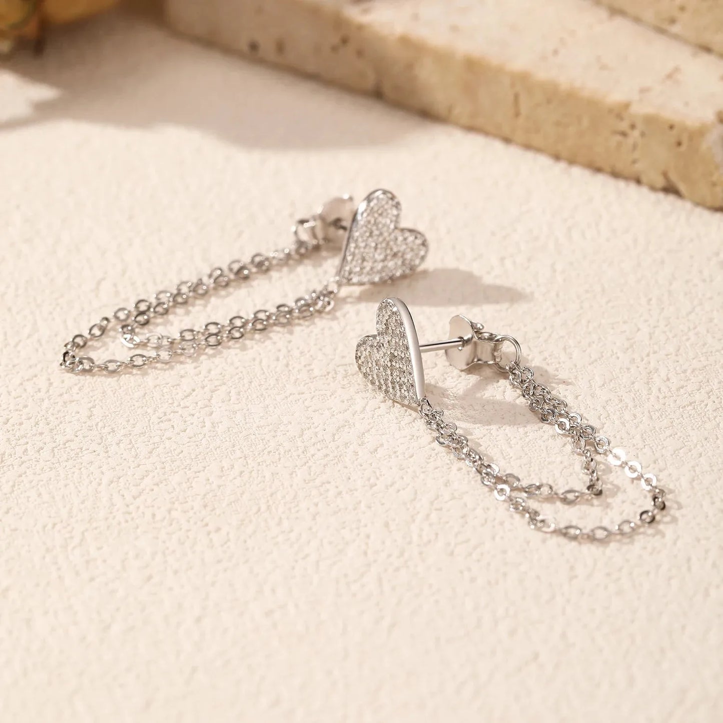 Sterling Silver Sparkling CZ Hearts Long Tassel Chain Earrings