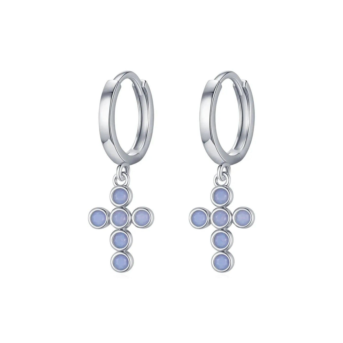 925 Sterling Silver Cross Blue Opal Trendy Drop Earrings