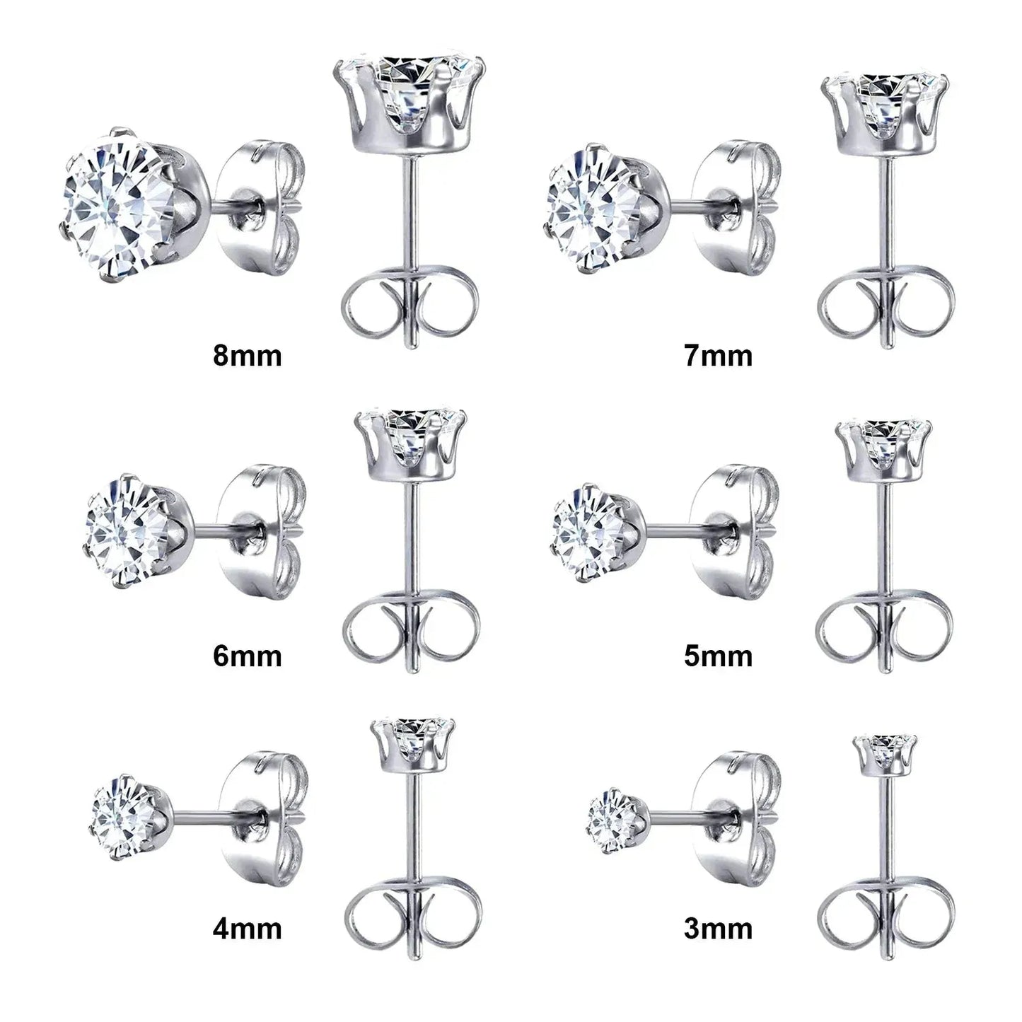 6Pairs/Set CZ Stud Earrings Stainless Steel Round