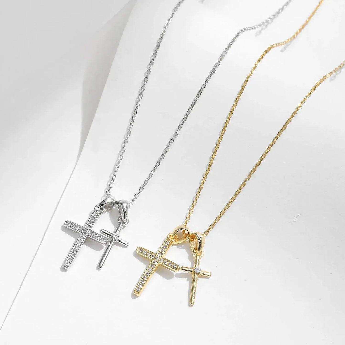 Double Cross Zircon Link Chain Pendant Necklace