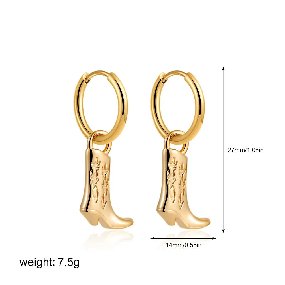 Vintage Stainless Steel Cowboy Boot Pendant Shoe Shape Dangle Earrings