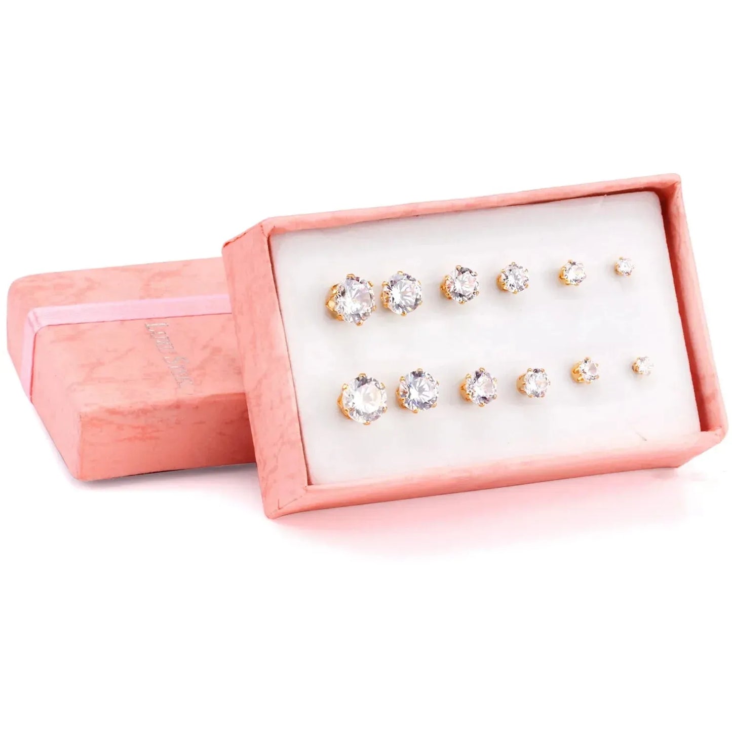 6Pairs/Set CZ Stud Earrings Stainless Steel Round