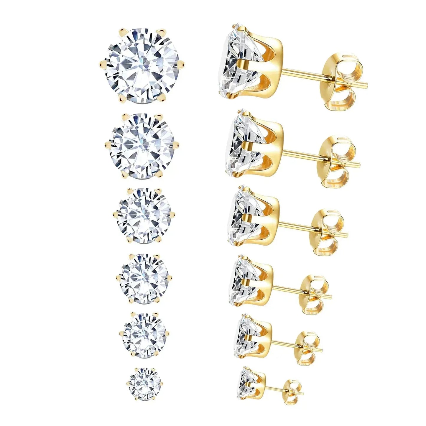 6Pairs/Set CZ Stud Earrings Stainless Steel Round