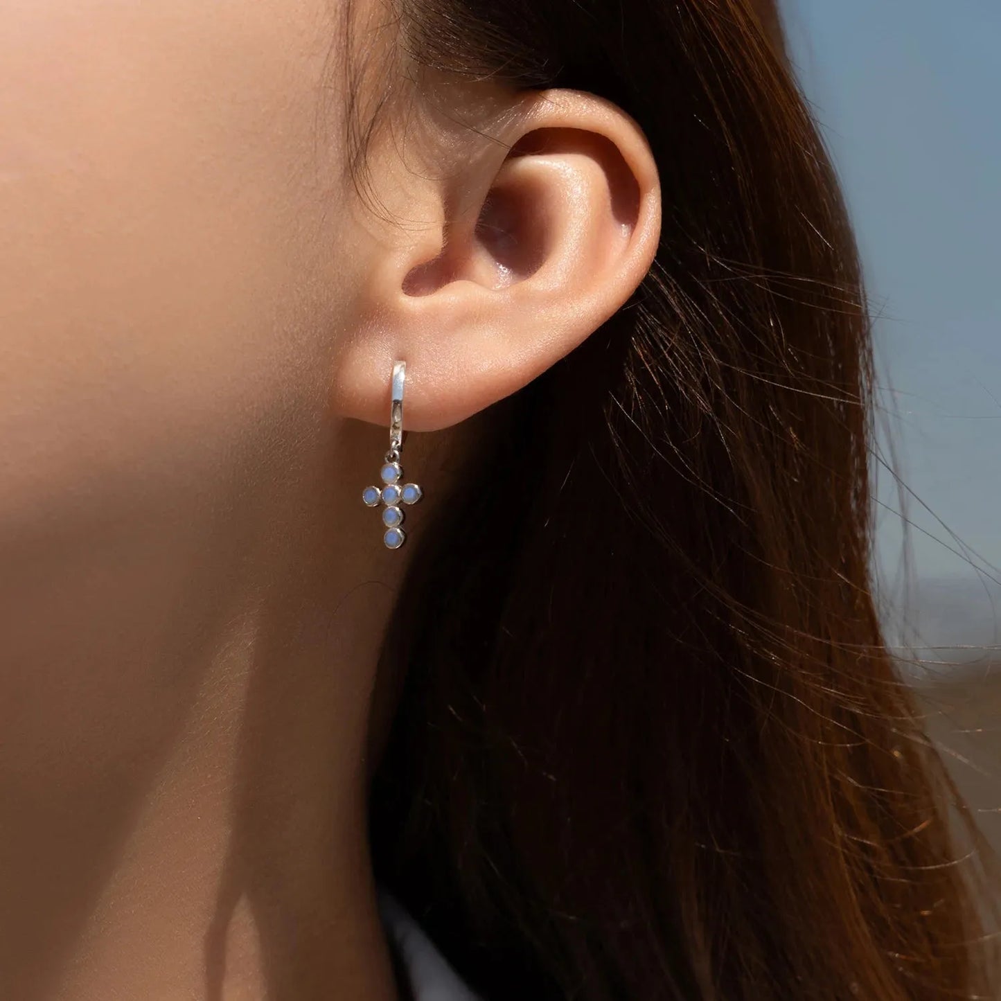 925 Sterling Silver Cross Blue Opal Trendy Drop Earrings