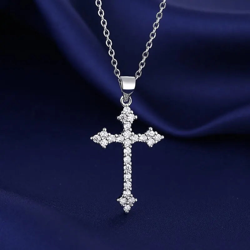 White Gold Color Cross Pendant Necklace with Rhinestones