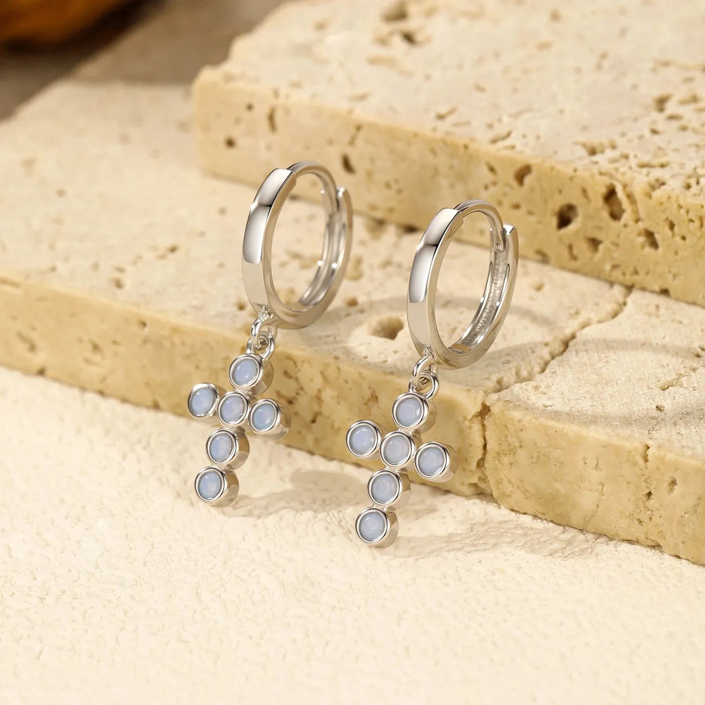 925 Sterling Silver Cross Blue Opal Trendy Drop Earrings