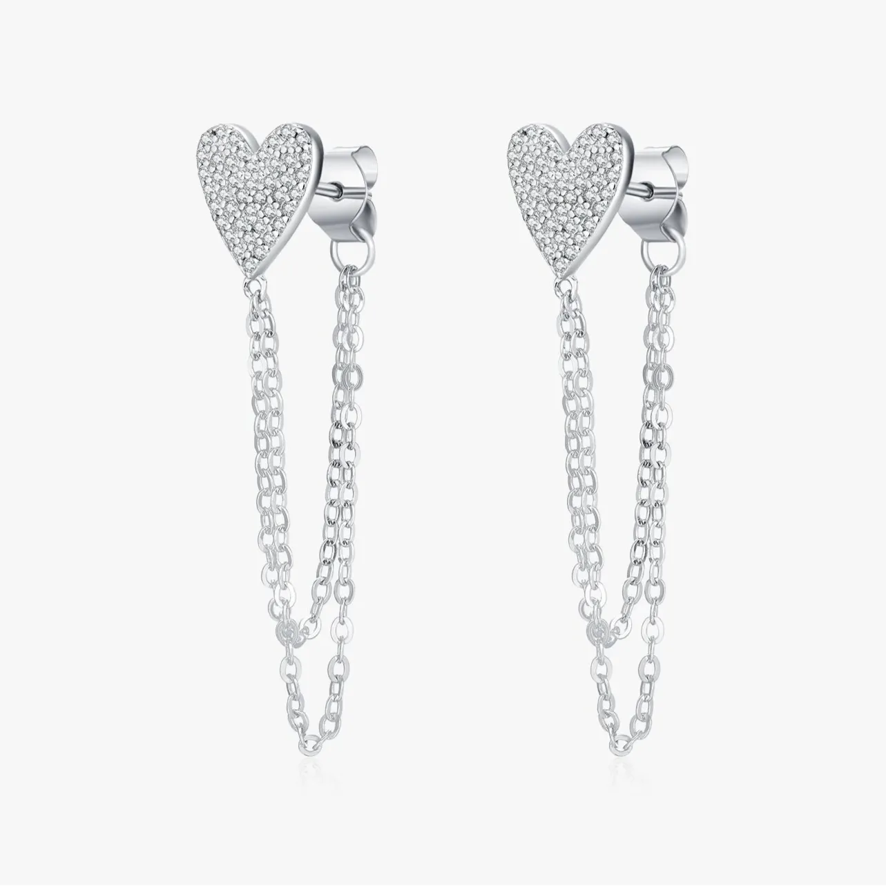 Sterling Silver Sparkling CZ Hearts Long Tassel Chain Earrings