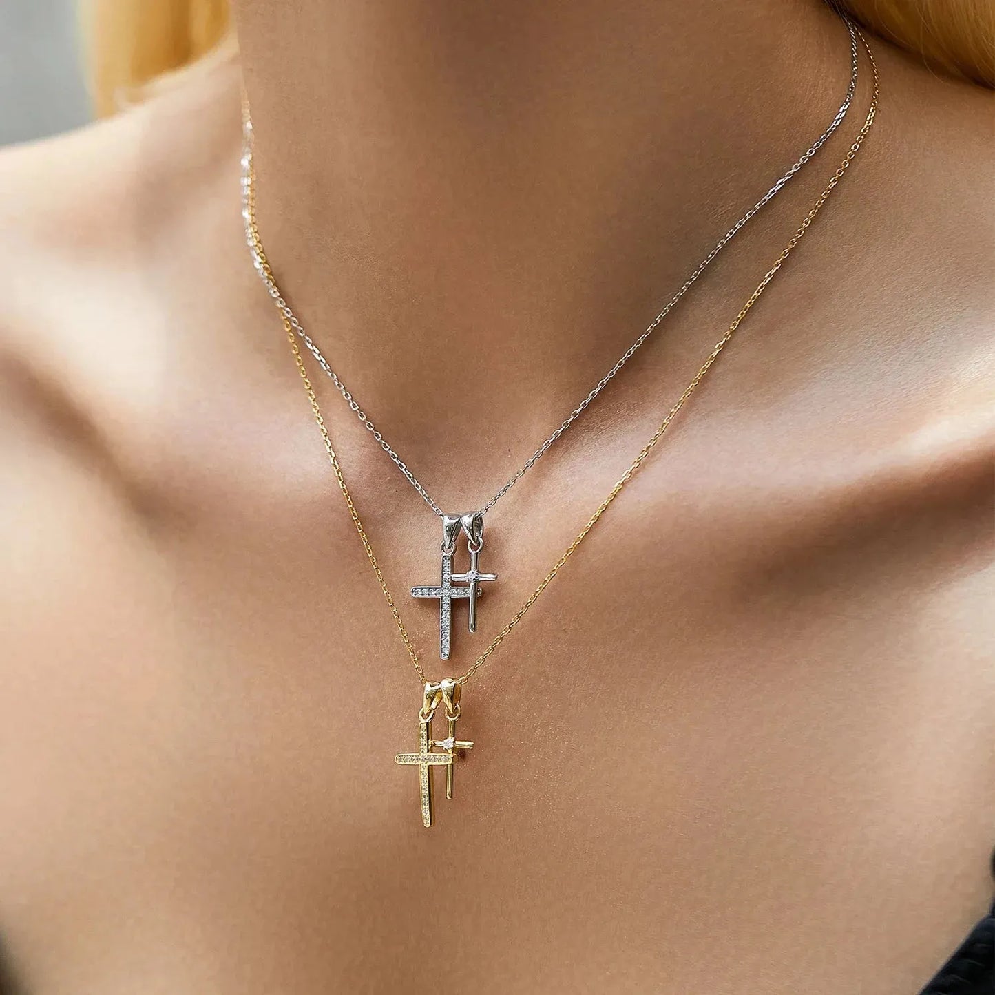 Double Cross Zircon Link Chain Pendant Necklace