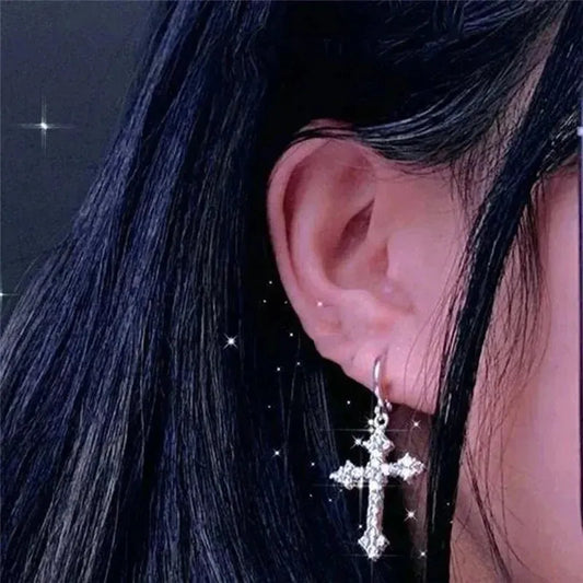 Silver Color Metal Cross Drop Earring