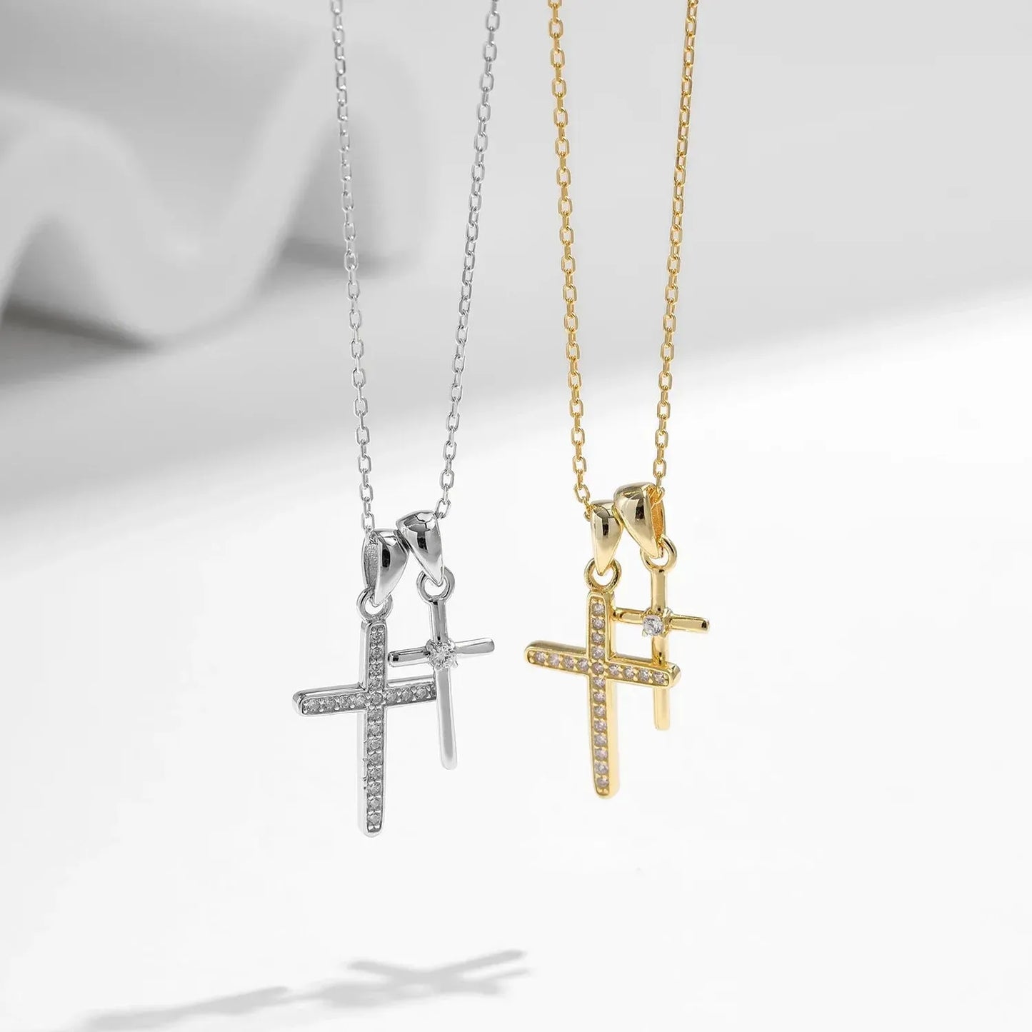 Double Cross Zircon Link Chain Pendant Necklace