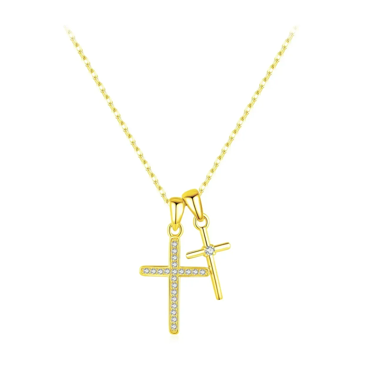 Double Cross Zircon Link Chain Pendant Necklace