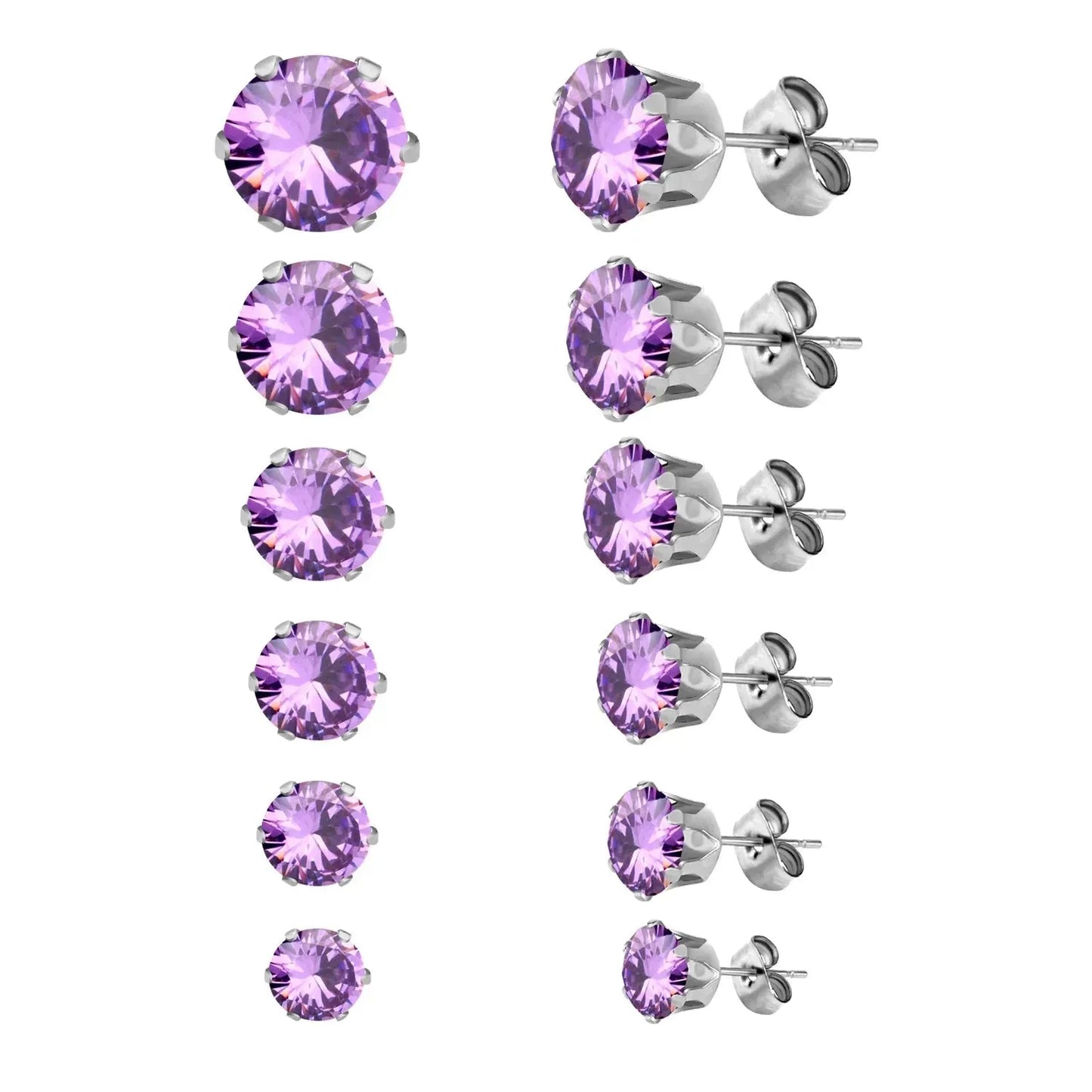 6Pairs/Set CZ Stud Earrings Stainless Steel Round