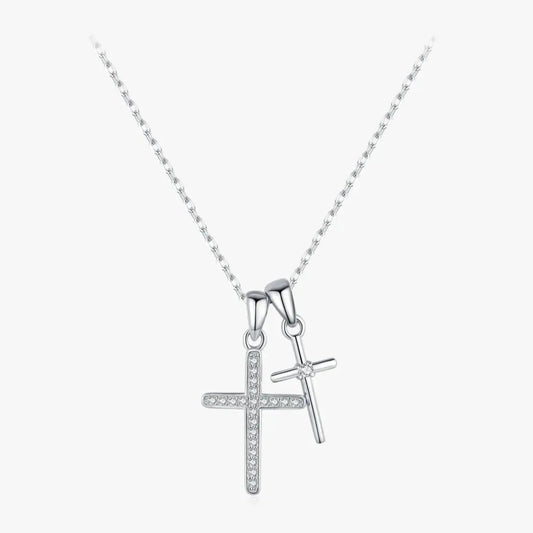 Double Cross Zircon Link Chain Pendant Necklace