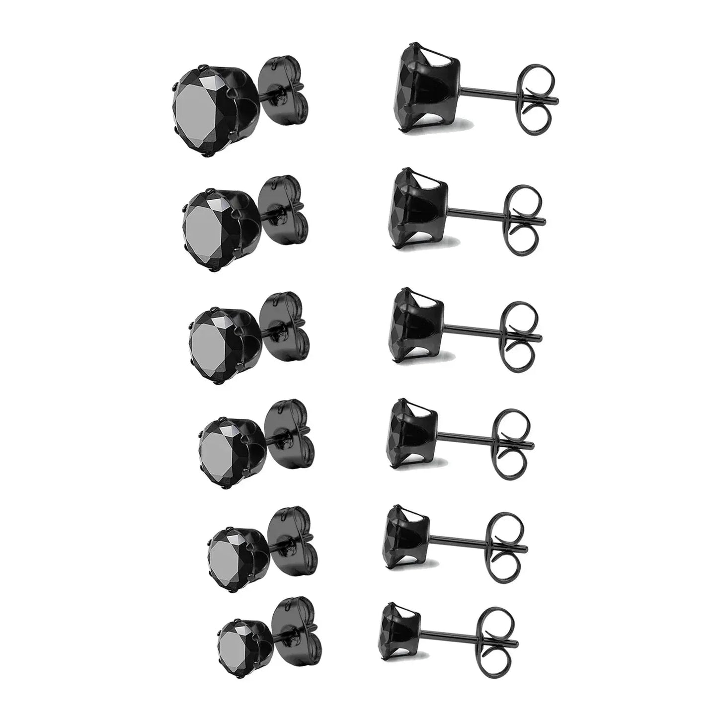 6Pairs/Set CZ Stud Earrings Stainless Steel Round