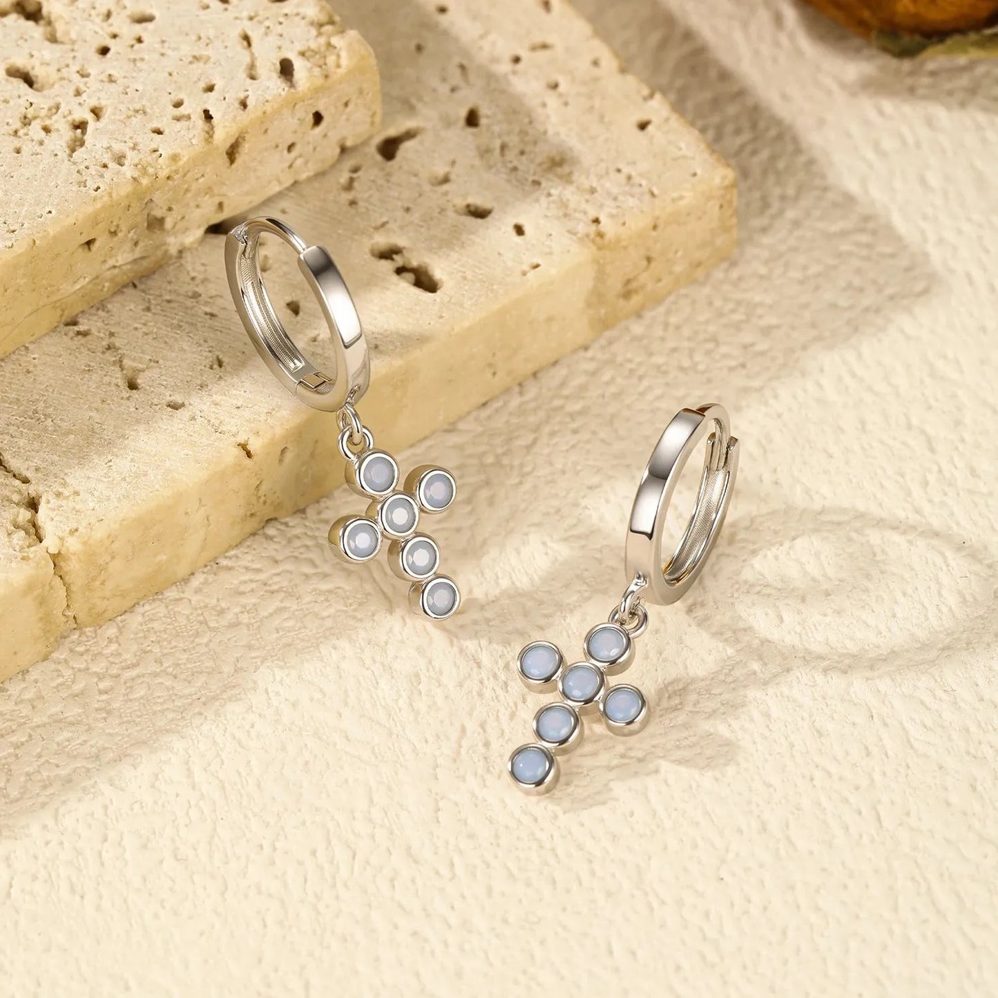 925 Sterling Silver Cross Blue Opal Trendy Drop Earrings