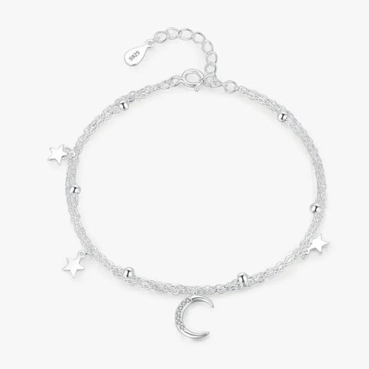 Silver Bead Stars And Moon Bracelet