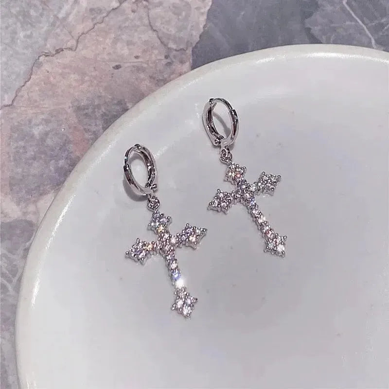Silver Color Metal Cross Drop Earring