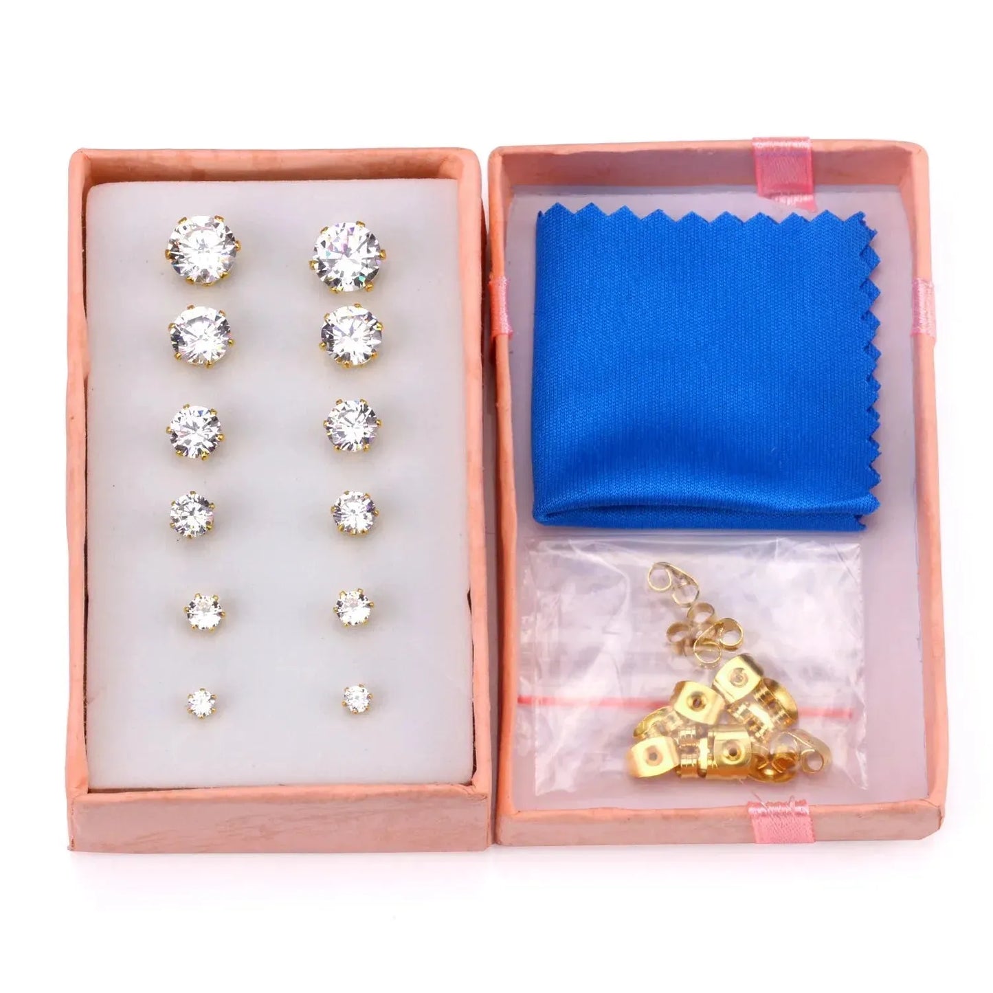 6Pairs/Set CZ Stud Earrings Stainless Steel Round