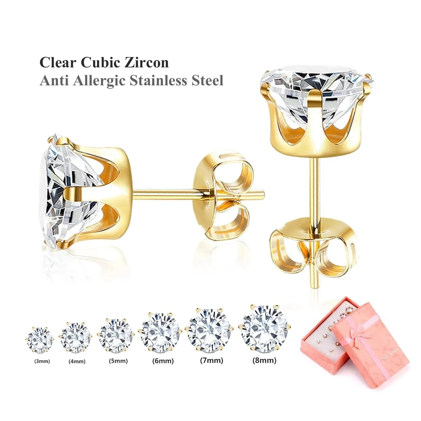 6Pairs/Set CZ Stud Earrings Stainless Steel Round