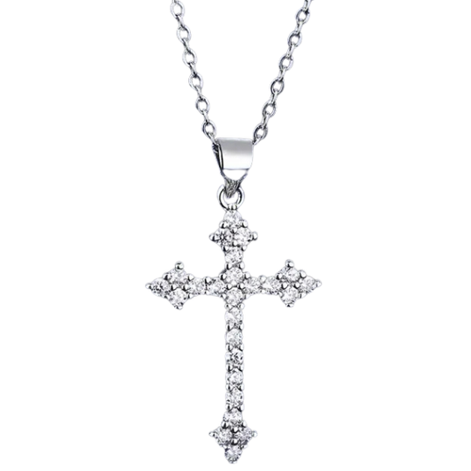 White Gold Color Cross Pendant Necklace with Rhinestones