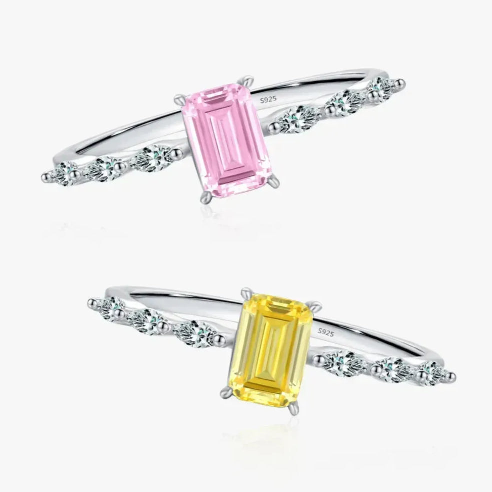 Real 925 Sterling Silver Exquisite Sparkling Emerald Cut Pink Yellow Ring
