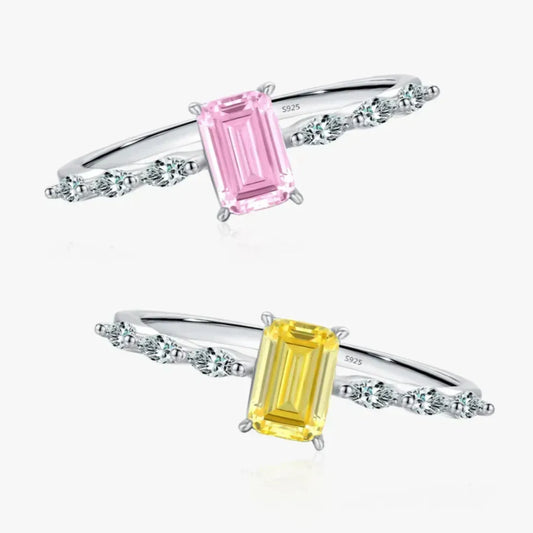 Real 925 Sterling Silver Exquisite Sparkling Emerald Cut Pink Yellow Ring
