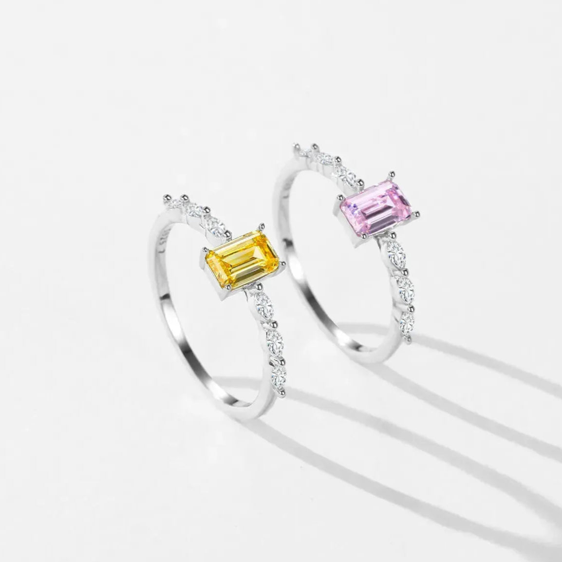 Real 925 Sterling Silver Exquisite Sparkling Emerald Cut Pink Yellow Ring