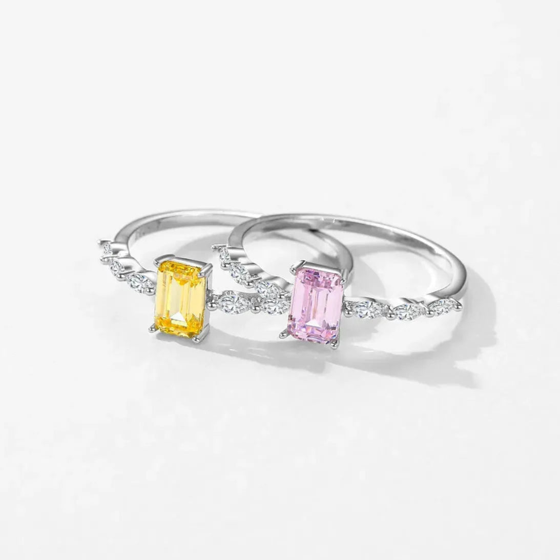 Real 925 Sterling Silver Exquisite Sparkling Emerald Cut Pink Yellow Ring